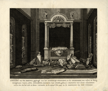32451 Afbeelding van de vernielde graftombe van de gravin van Solms in de kapel van Zoudenbalch in de Domkerk te ...
